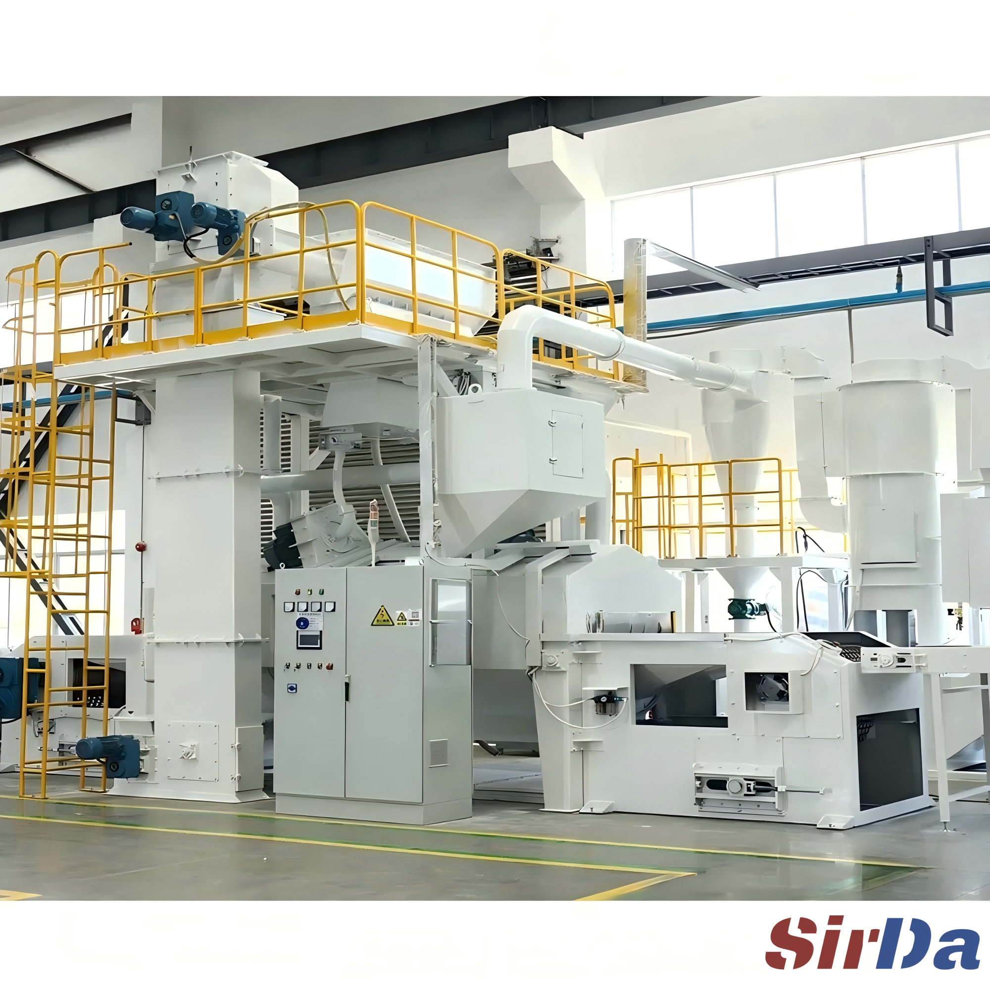 Castings on a mesh conveyor inside a continuous blasting line